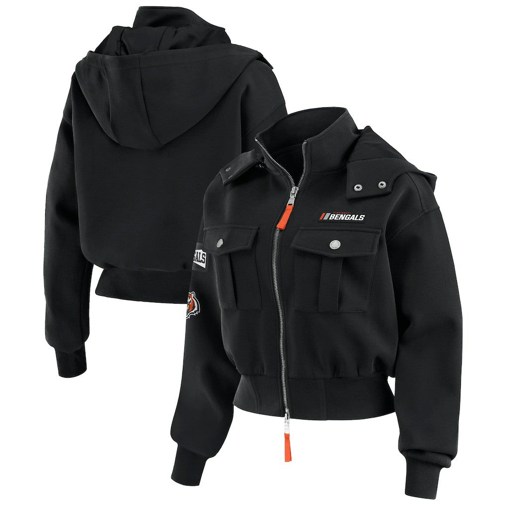 WEAR by Erin Andrews Women's Tri-Blend Patch Pocket Cropped Full-Zip Bomber Hoodie Jacket - Cincinnati Bengals Hoodies