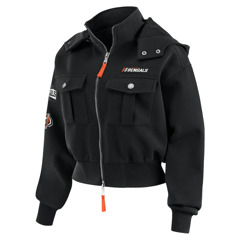 WEAR by Erin Andrews Women's Tri-Blend Patch Pocket Cropped Full-Zip Bomber Hoodie Jacket - Cincinnati Bengals Hoodies