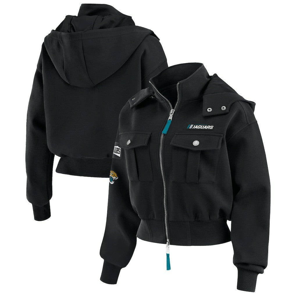 WEAR by Erin Andrews Women's Tri-Blend Patch Pocket Cropped Full-Zip Bomber Hoodie Jacket - Jacksonville Jaguars Hoodies