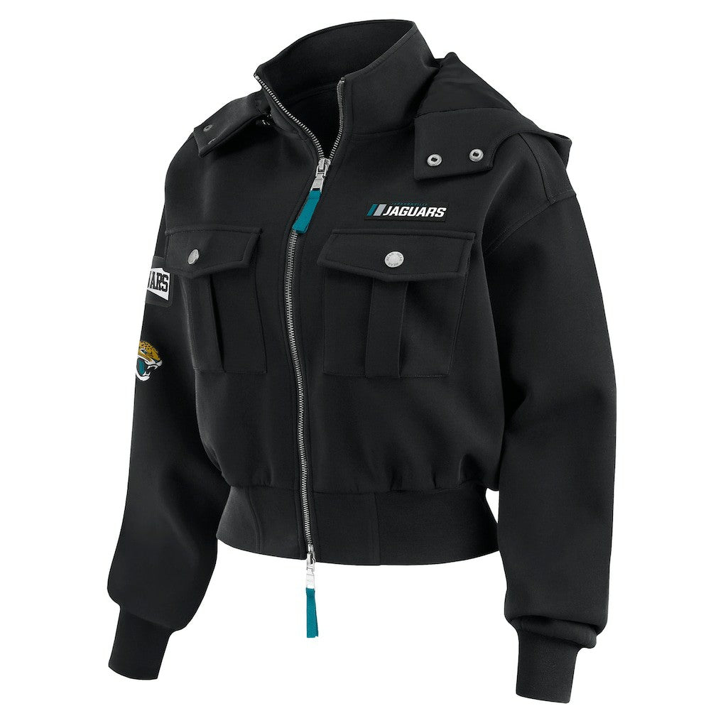 WEAR by Erin Andrews Women's Tri-Blend Patch Pocket Cropped Full-Zip Bomber Hoodie Jacket - Jacksonville Jaguars Hoodies