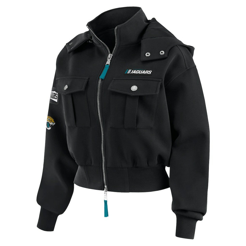 WEAR by Erin Andrews Women's Tri-Blend Patch Pocket Cropped Full-Zip Bomber Hoodie Jacket - Jacksonville Jaguars Hoodies