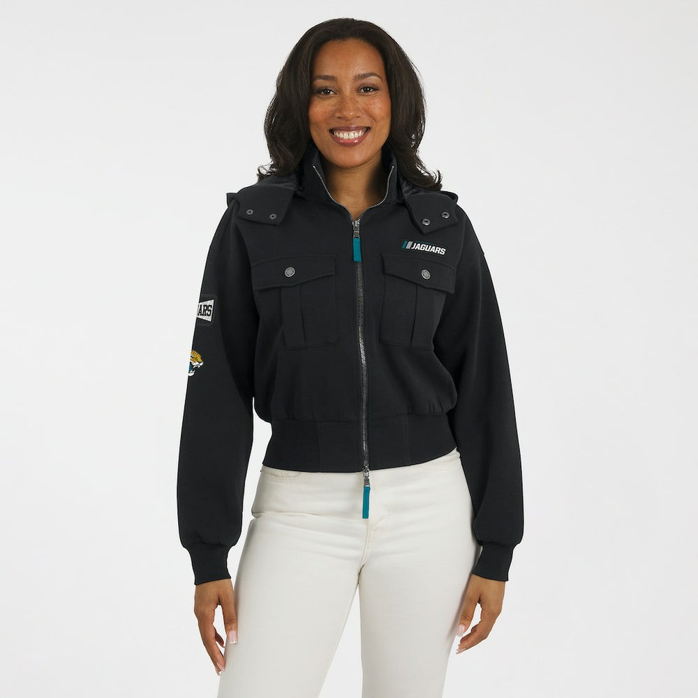 WEAR by Erin Andrews Women's Tri-Blend Patch Pocket Cropped Full-Zip Bomber Hoodie Jacket - Jacksonville Jaguars Hoodies