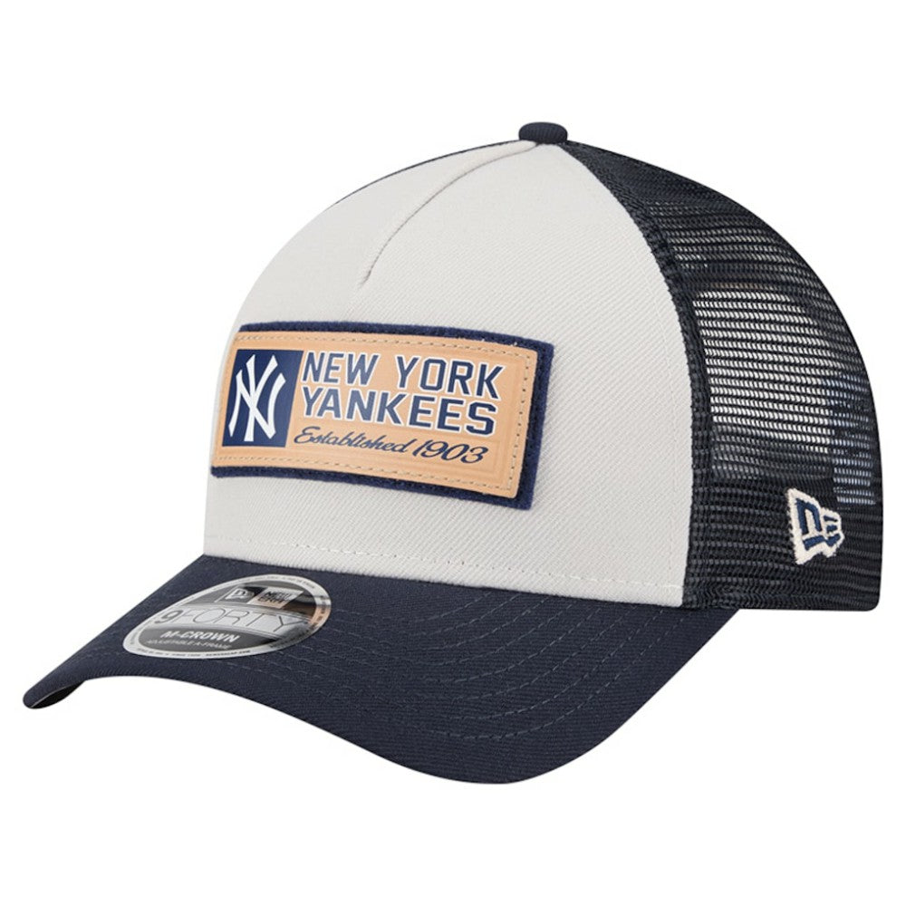 Stone/Navy New York Yankees New Era Text A-Frame Trucker 9FORTY Hat