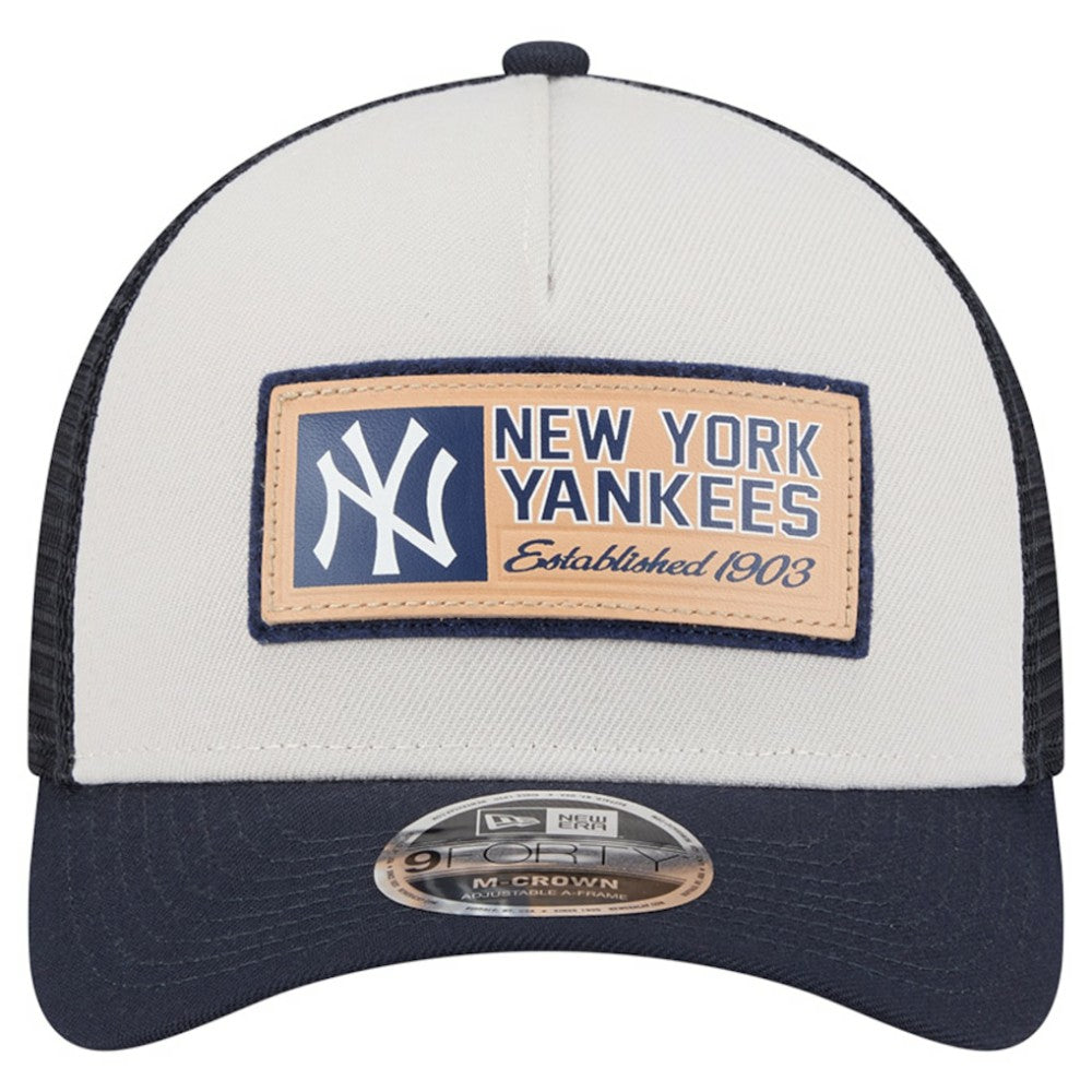Stone/Navy New York Yankees New Era Text A-Frame Trucker 9FORTY Hat