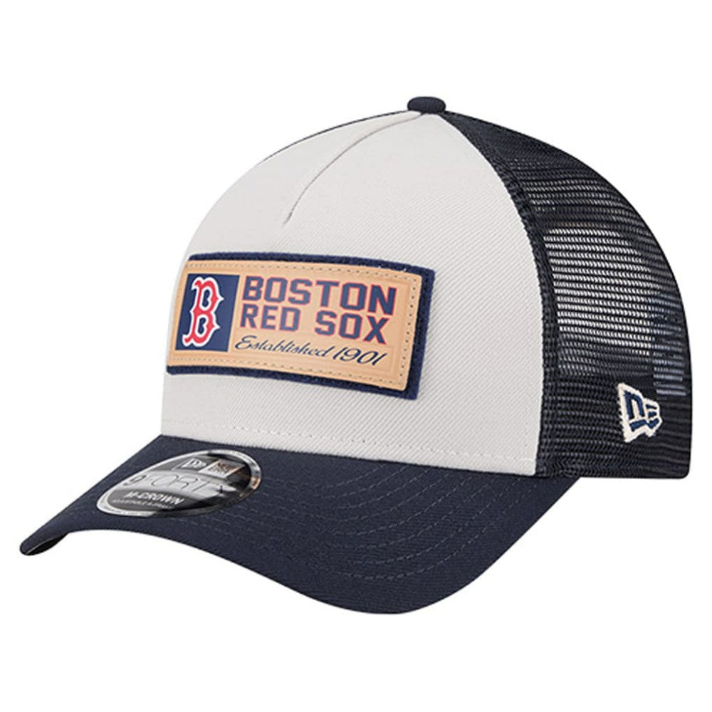 Stone/Navy Boston Red Sox New Era Text A-Frame Trucker 9FORTY Hat