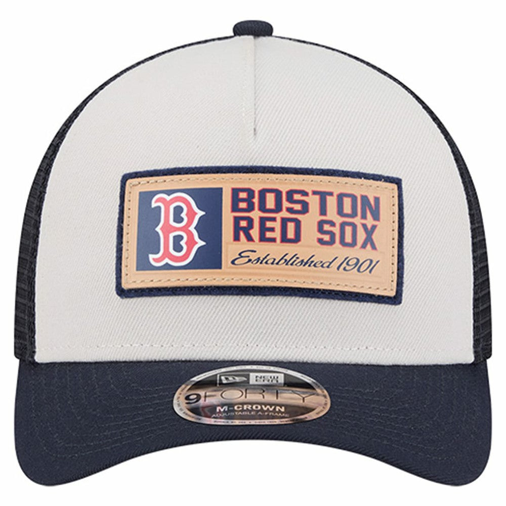 Stone/Navy Boston Red Sox New Era Text A-Frame Trucker 9FORTY Hat