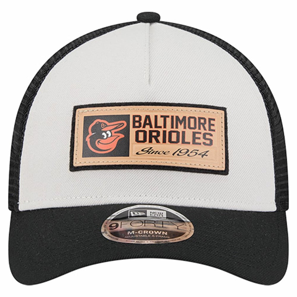 Stone/Black Baltimore Orioles New Era Text A-Frame Trucker 9FORTY Hat