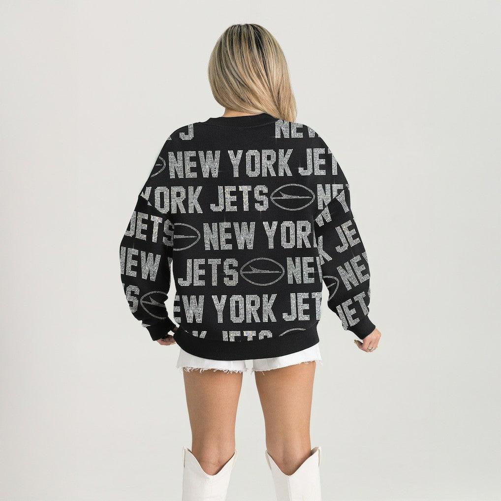 Gameday Couture Women's Oversized Hype Era Rhinestone Text Sweatshirt - New York Jets Sweatshirts