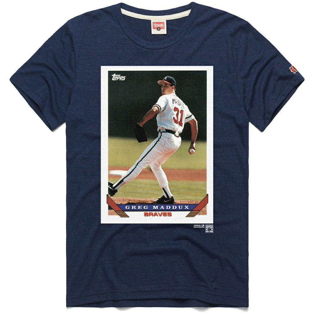 Navy Greg Maddux Atlanta Braves Homage 1993 Topps Baseball Card Player T-Shirt