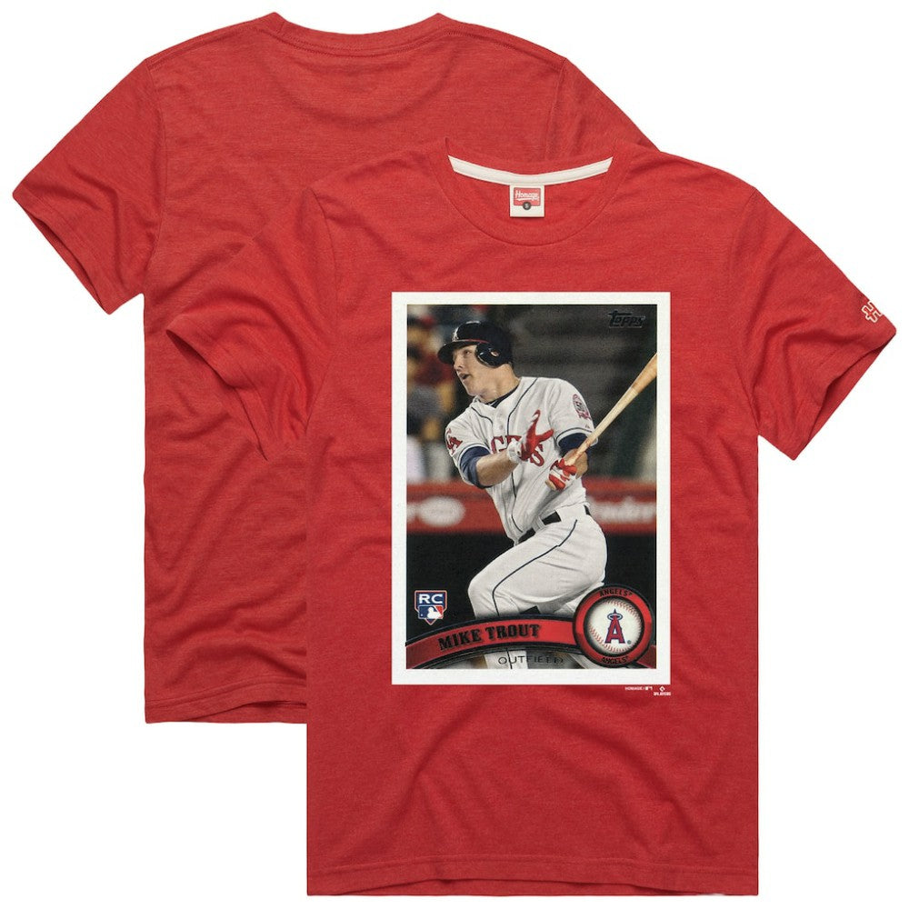 Red Mike Trout Los Angeles Angels Homage 2011 Topps Baseball Card Player T-Shirt