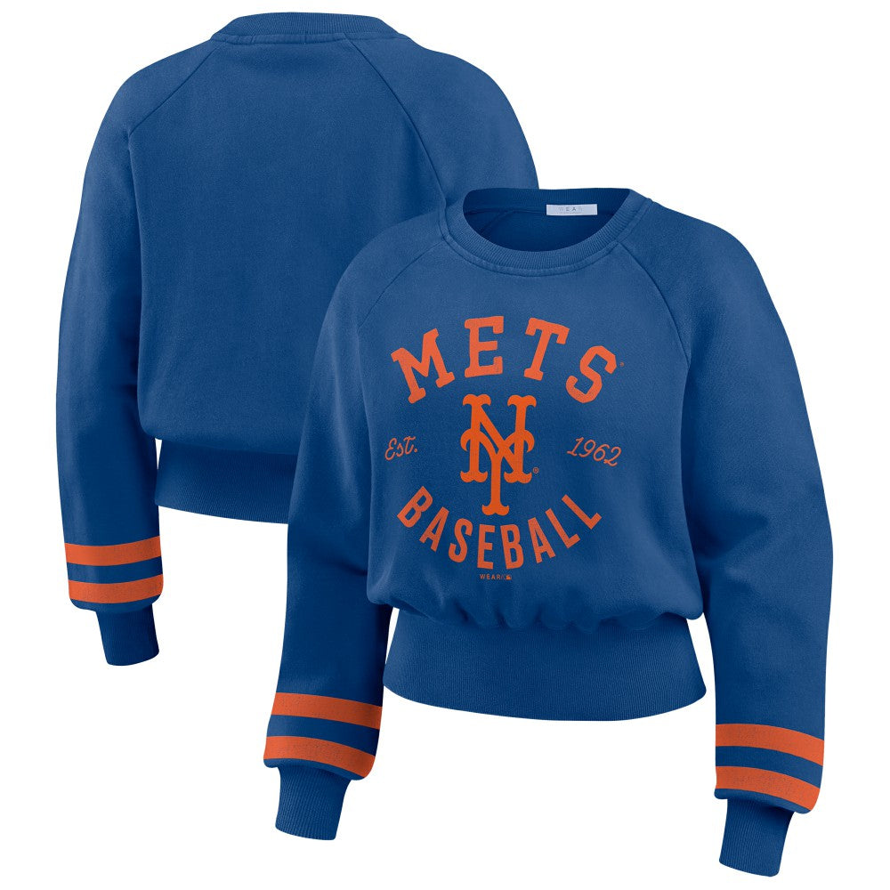 Royal New York Mets WEAR by Erin Andrews Women's Vintage Washed Cropped Pullover Sweatshirt