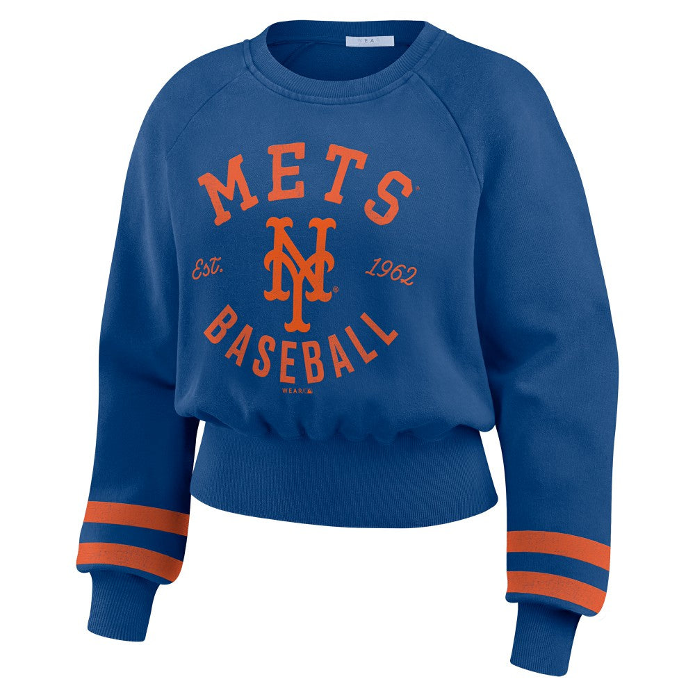 Royal New York Mets WEAR by Erin Andrews Women's Vintage Washed Cropped Pullover Sweatshirt