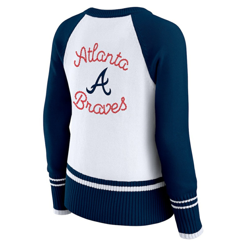 White Atlanta Braves WEAR by Erin Andrews Women's Colorblock Raglan Sweater
