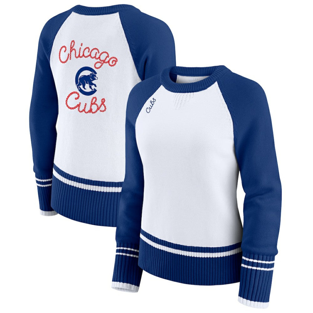 White Chicago Cubs WEAR by Erin Andrews Women's Colorblock Raglan Sweater