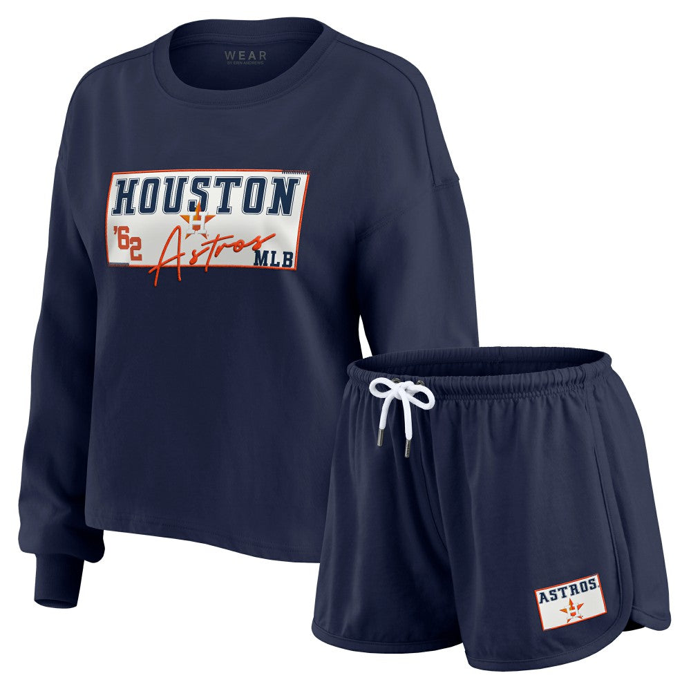 Navy Houston Astros WEAR by Erin Andrews Women's Heavy Rugby Jersey Cropped Long Sleeve T-Shirt & Shorts Lounge Set