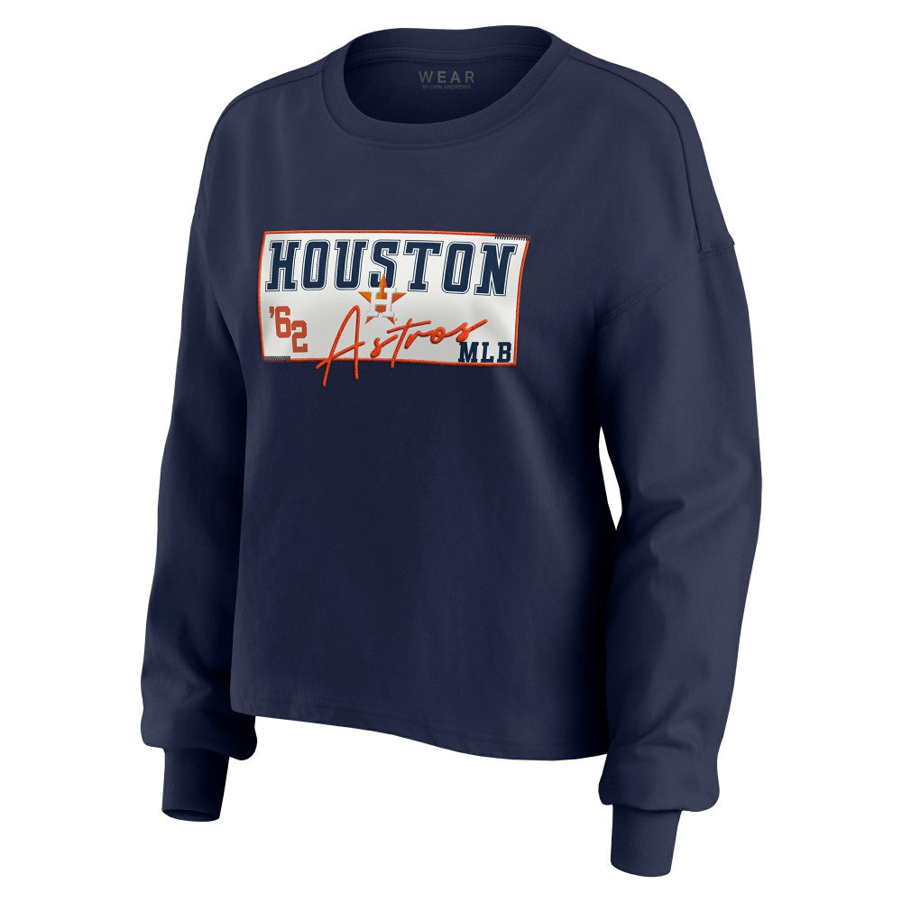 Navy Houston Astros WEAR by Erin Andrews Women's Heavy Rugby Jersey Cropped Long Sleeve T-Shirt & Shorts Lounge Set