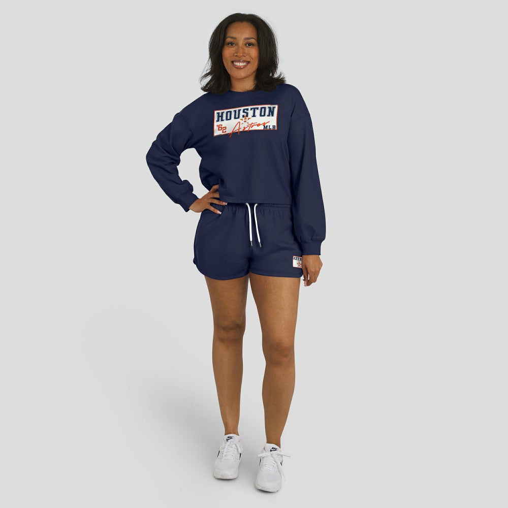 Navy Houston Astros WEAR by Erin Andrews Women's Heavy Rugby Jersey Cropped Long Sleeve T-Shirt & Shorts Lounge Set