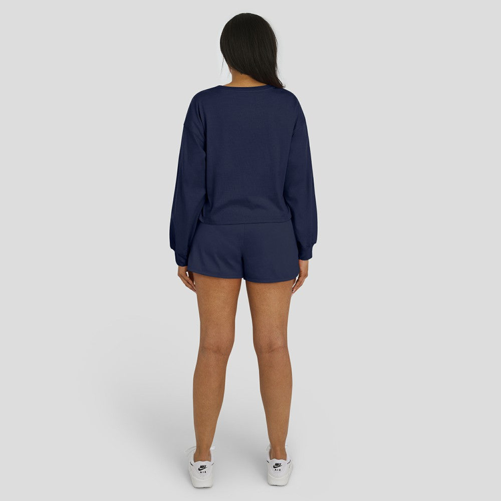 Navy Houston Astros WEAR by Erin Andrews Women's Heavy Rugby Jersey Cropped Long Sleeve T-Shirt & Shorts Lounge Set