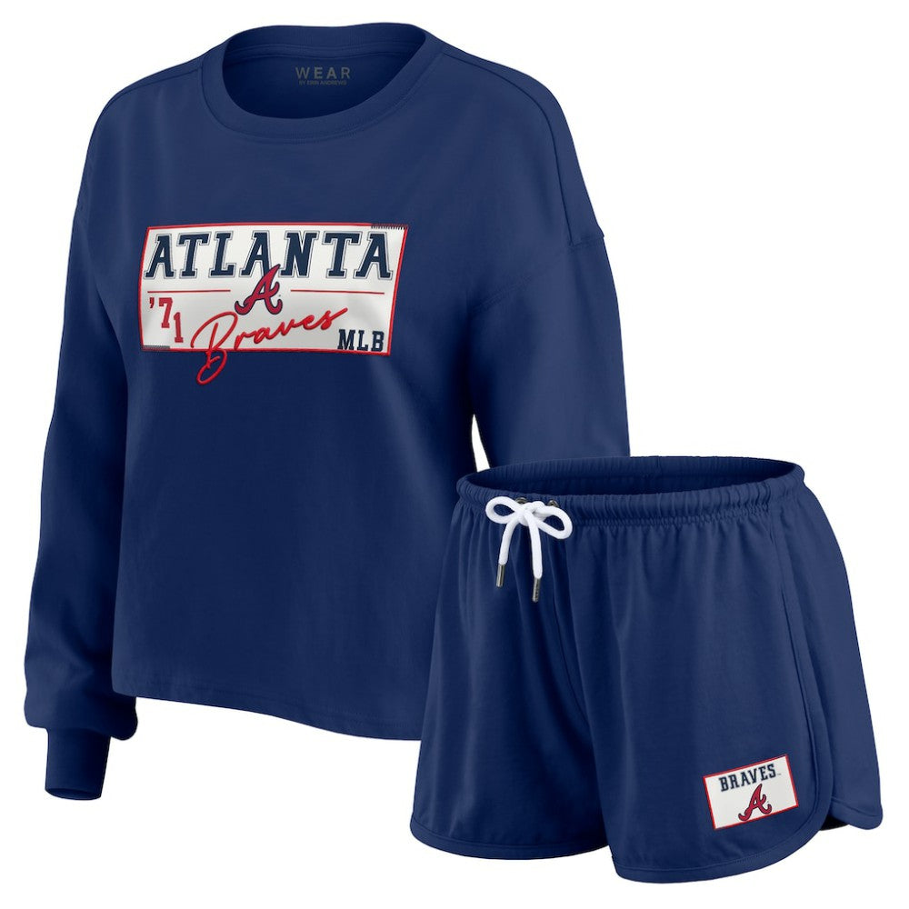Navy Atlanta Braves WEAR by Erin Andrews Women's Heavy Rugby Jersey Cropped Long Sleeve T-Shirt & Shorts Lounge Set
