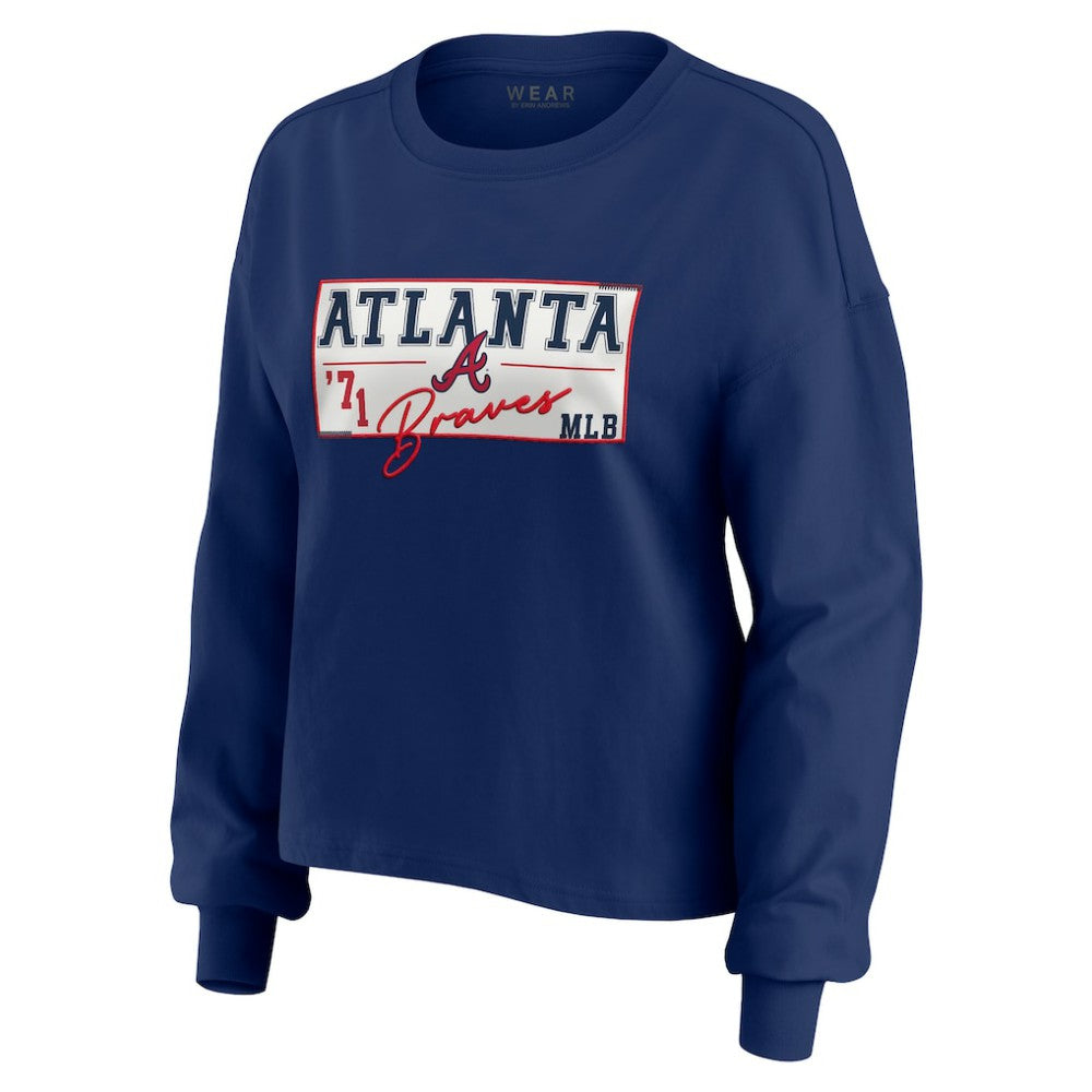 Navy Atlanta Braves WEAR by Erin Andrews Women's Heavy Rugby Jersey Cropped Long Sleeve T-Shirt & Shorts Lounge Set