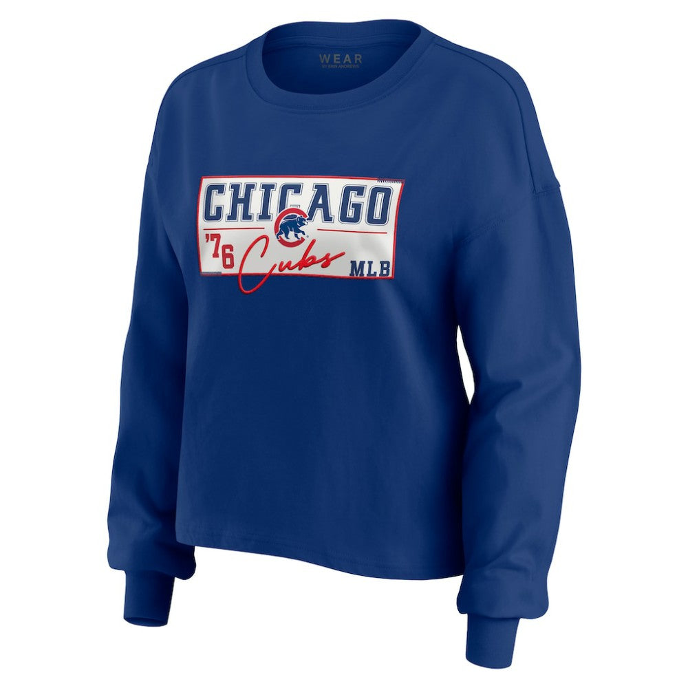 Royal Chicago Cubs WEAR by Erin Andrews Women's Heavy Rugby Jersey Cropped Long Sleeve T-Shirt & Shorts Lounge Set