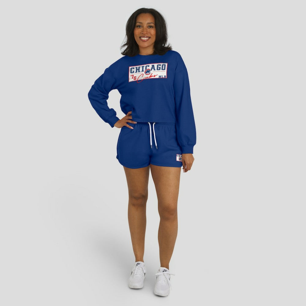 Royal Chicago Cubs WEAR by Erin Andrews Women's Heavy Rugby Jersey Cropped Long Sleeve T-Shirt & Shorts Lounge Set