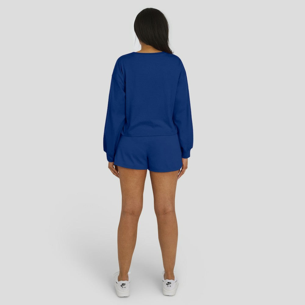 Royal Chicago Cubs WEAR by Erin Andrews Women's Heavy Rugby Jersey Cropped Long Sleeve T-Shirt & Shorts Lounge Set