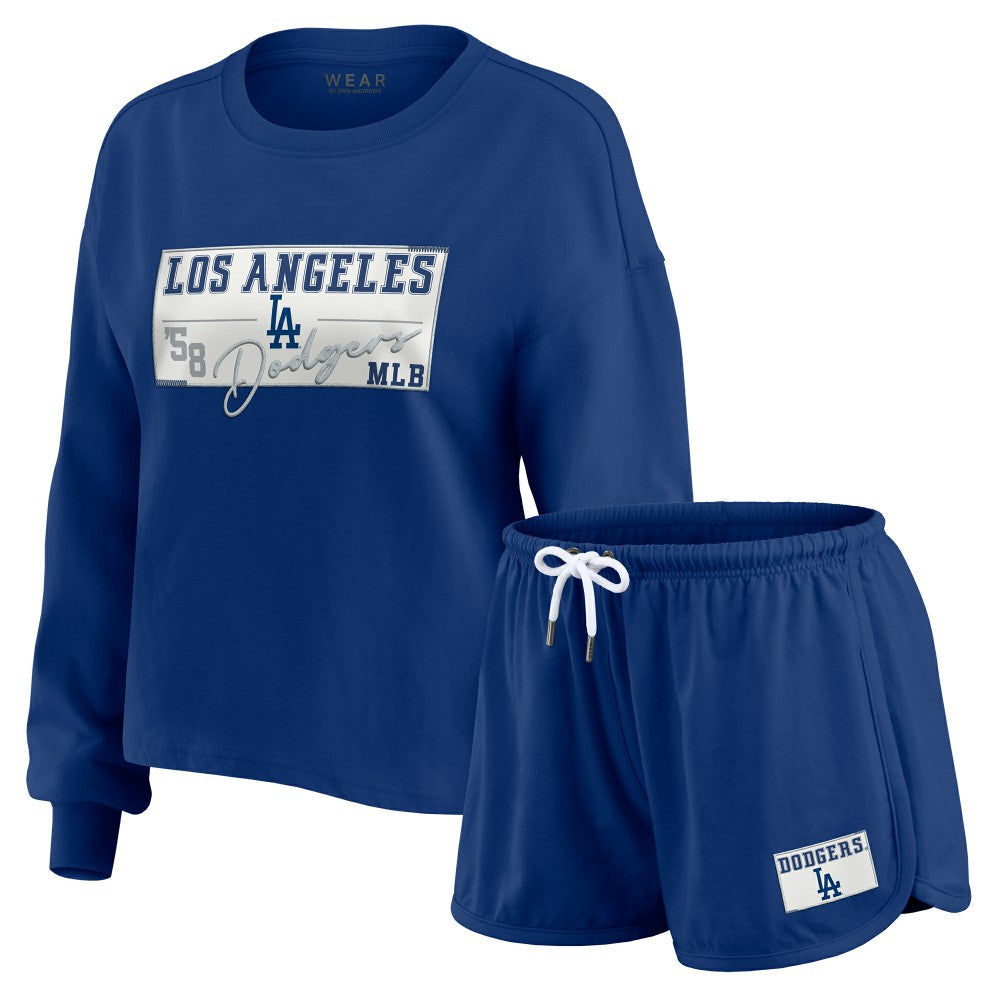Royal Los Angeles Dodgers WEAR by Erin Andrews Women's Heavy Rugby Jersey Cropped Long Sleeve T-Shirt & Shorts Lounge Set