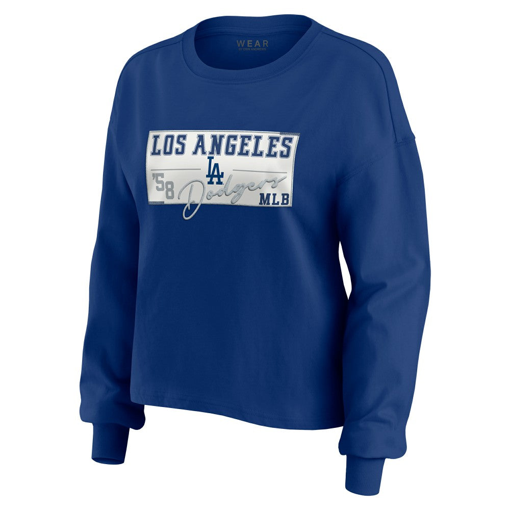 Royal Los Angeles Dodgers WEAR by Erin Andrews Women's Heavy Rugby Jersey Cropped Long Sleeve T-Shirt & Shorts Lounge Set