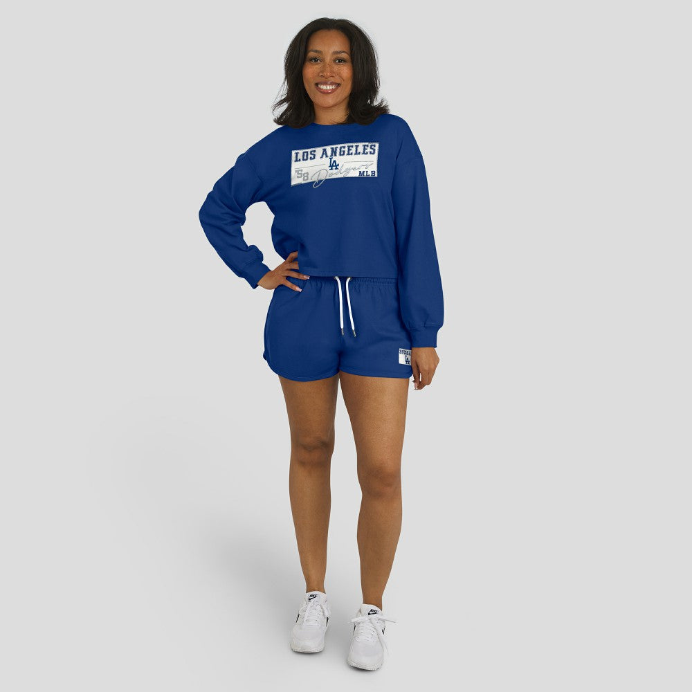 Royal Los Angeles Dodgers WEAR by Erin Andrews Women's Heavy Rugby Jersey Cropped Long Sleeve T-Shirt & Shorts Lounge Set
