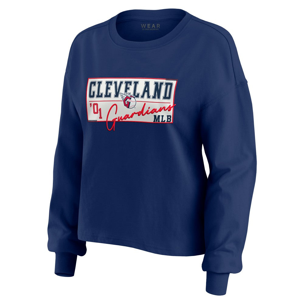 Navy Cleveland Guardians WEAR by Erin Andrews Women's Heavy Rugby Jersey Cropped Long Sleeve T-Shirt & Shorts Lounge Set