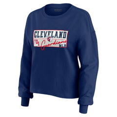 Navy Cleveland Guardians WEAR by Erin Andrews Women's Heavy Rugby Jersey Cropped Long Sleeve T-Shirt & Shorts Lounge Set