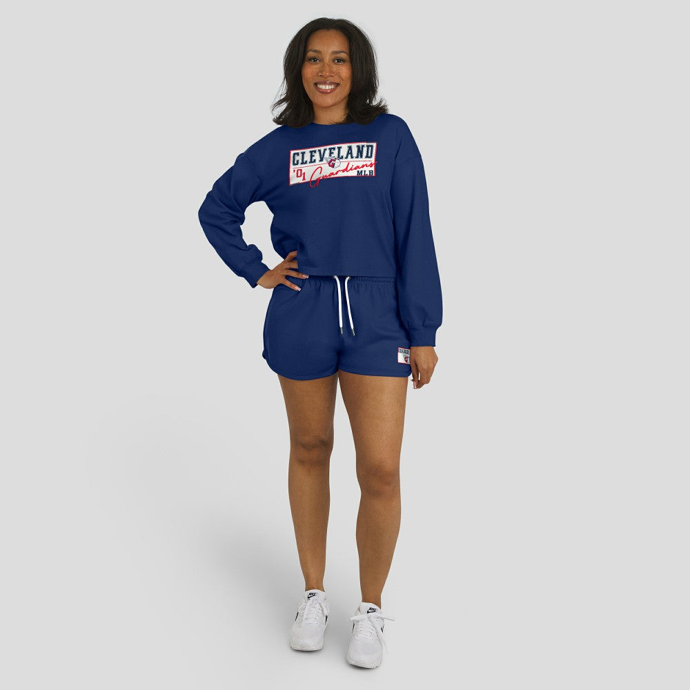 Navy Cleveland Guardians WEAR by Erin Andrews Women's Heavy Rugby Jersey Cropped Long Sleeve T-Shirt & Shorts Lounge Set