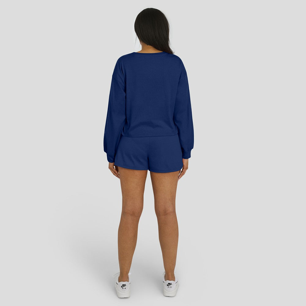 Navy Cleveland Guardians WEAR by Erin Andrews Women's Heavy Rugby Jersey Cropped Long Sleeve T-Shirt & Shorts Lounge Set