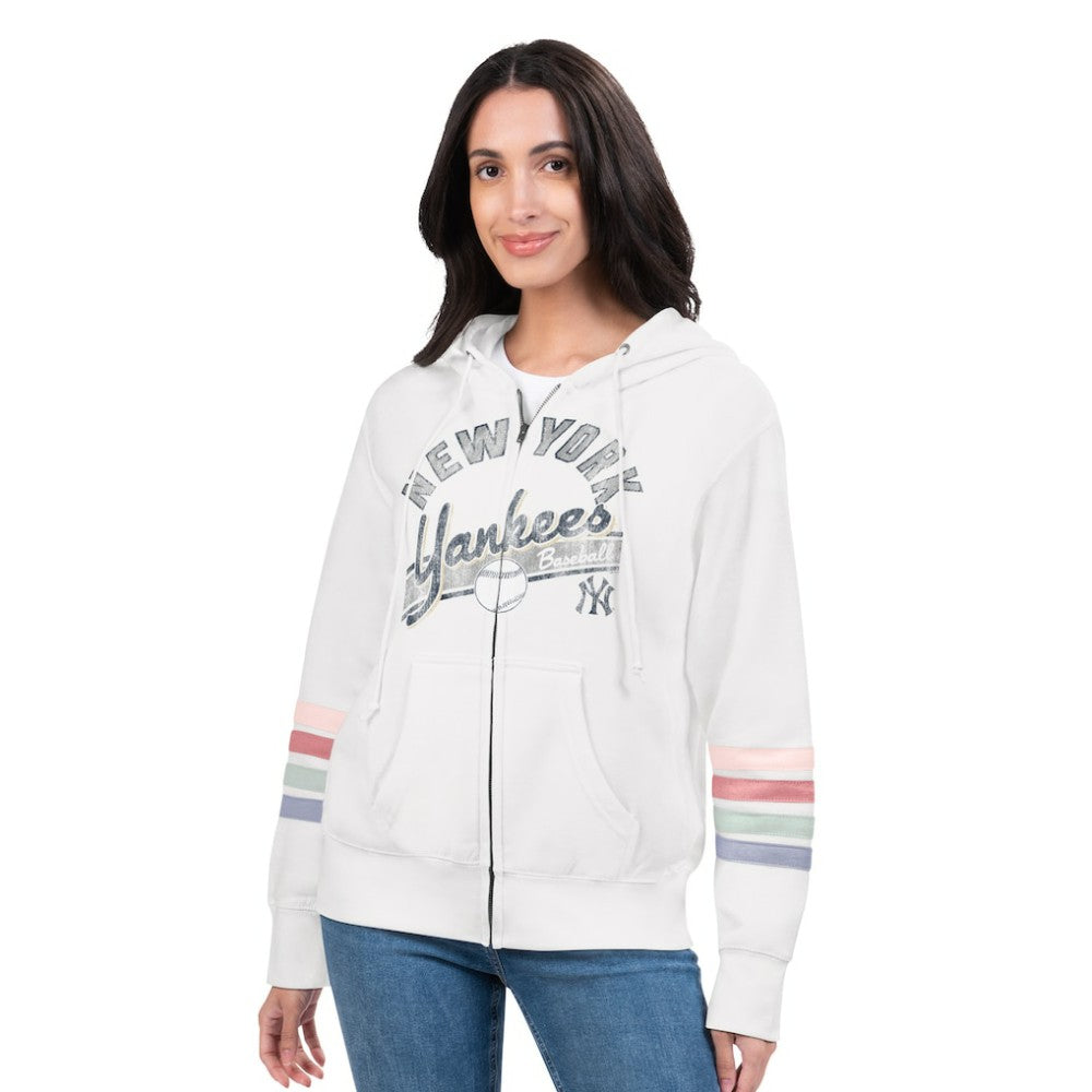 White New York Yankees G-III 4Her by Carl Banks Women's Naamah Sleeve Stripe Fleece Full-Zip Hoodie
