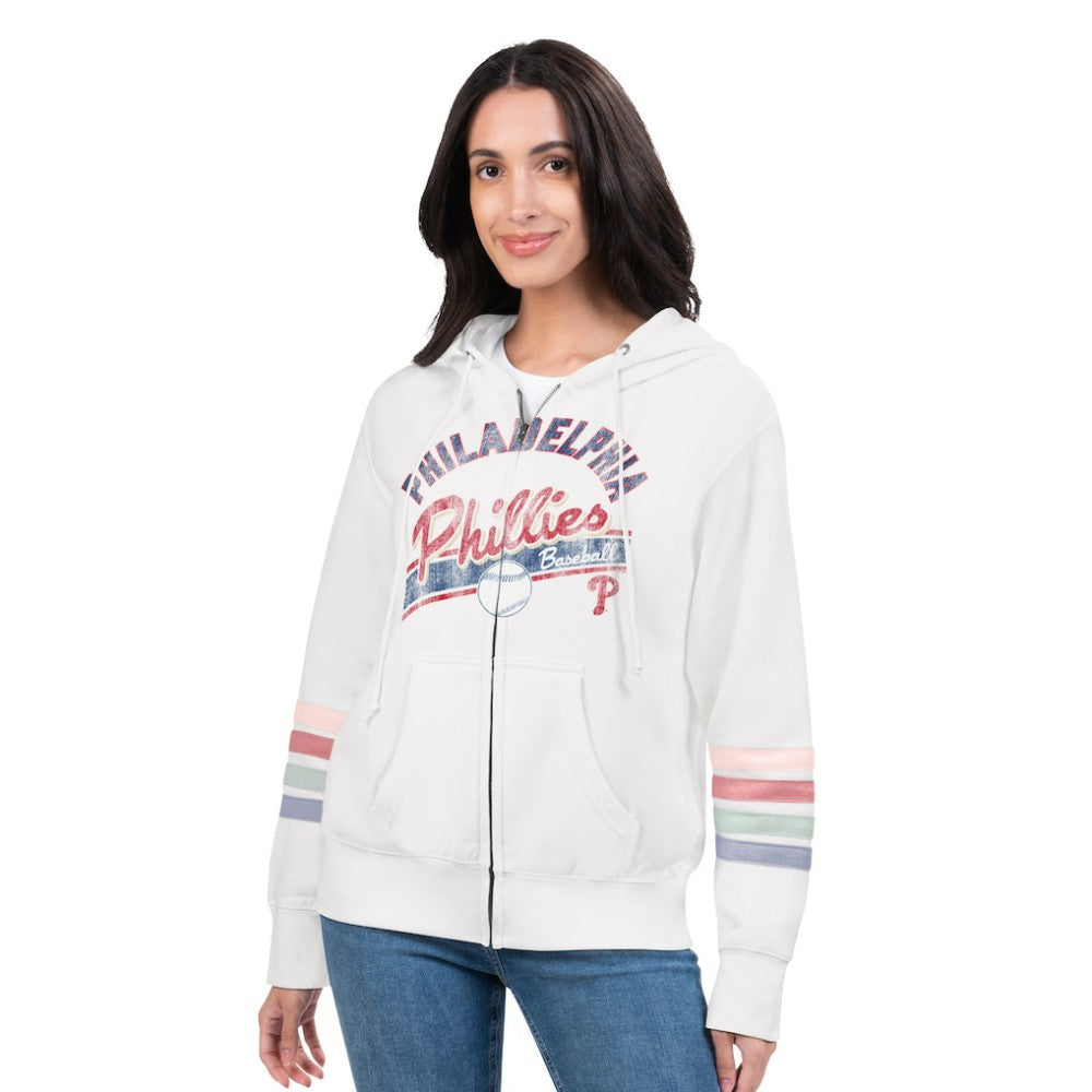 White Philadelphia Phillies G-III 4Her by Carl Banks Women's Naamah Sleeve Stripe Fleece Full-Zip Hoodie