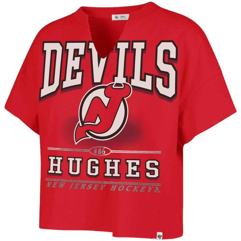 NHL Jack Hughes New Jersey Devils '47 Women's Elation Name & Number Oversized Notch Neck T-Shirt