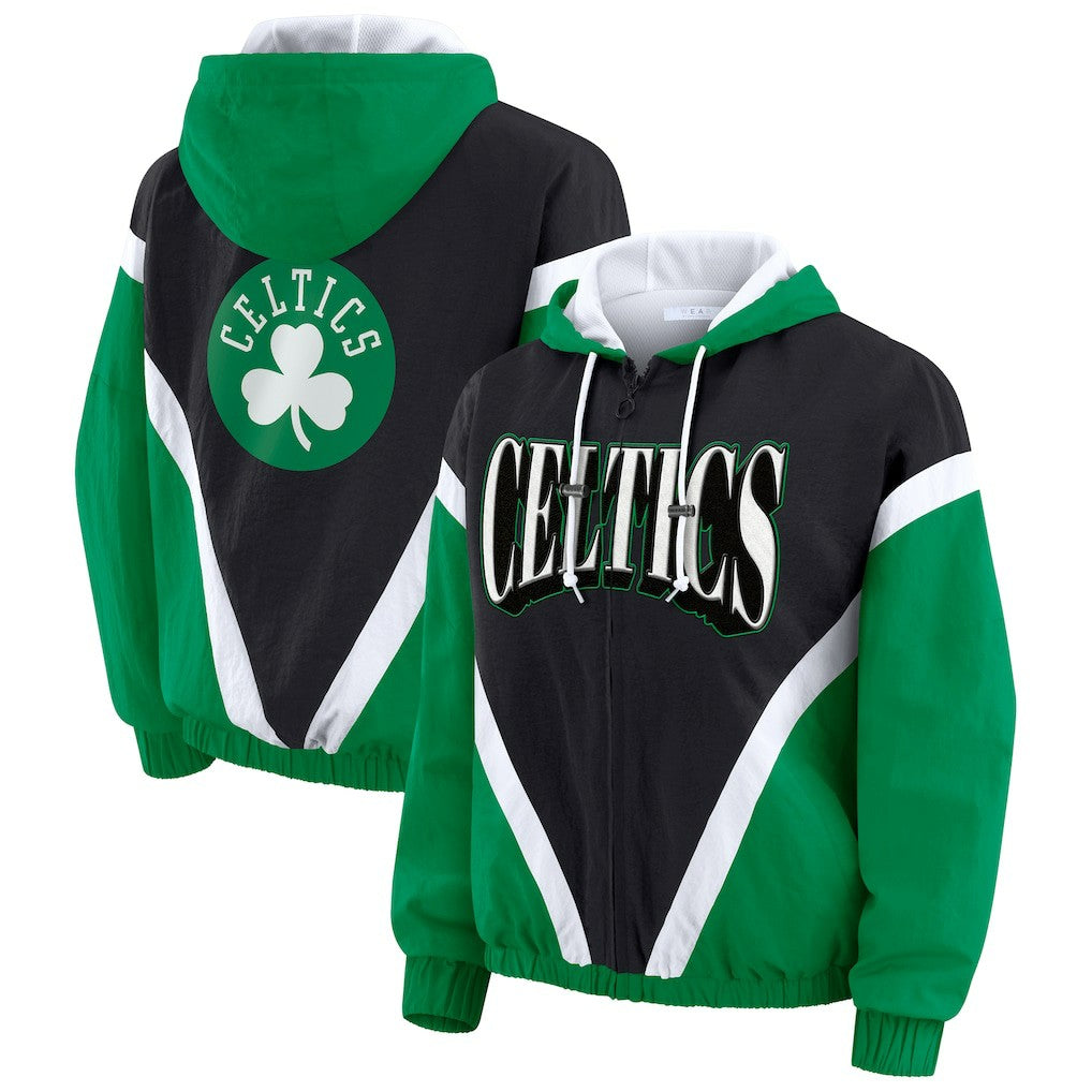 Boston Celtics WEAR by Erin Andrews Women's Colorblock Full-Zip Hoodie Windbreaker Jacket