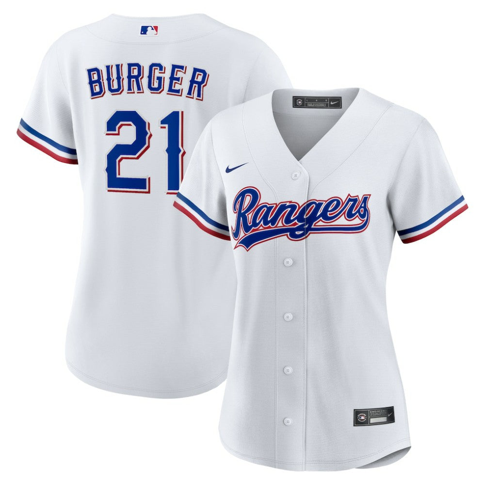 White Jake Burger Texas Rangers Nike Women's Home Replica Jersey