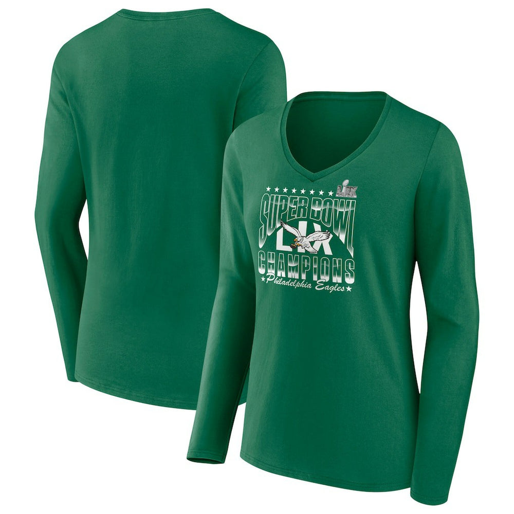 Women's Super Bowl LIX Champions Retro Logo Long Sleeve V-Neck T-Shirt - Philadelphia Eagles T-shirts