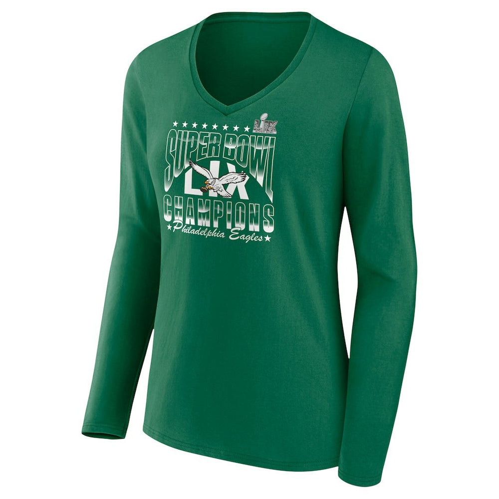 Women's Super Bowl LIX Champions Retro Logo Long Sleeve V-Neck T-Shirt - Philadelphia Eagles T-shirts