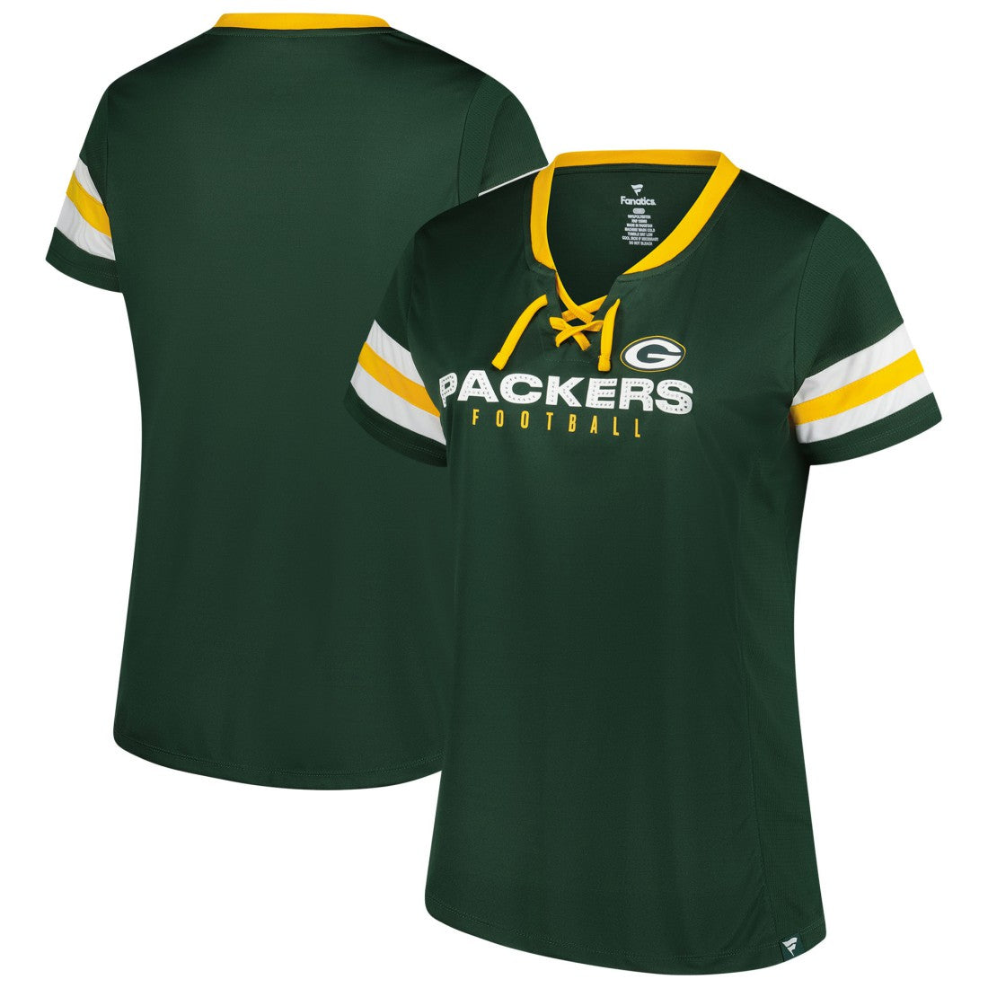 Women's Plus Size Rhinestone Redzone Athena Lace-Up Notch Neck T-Shirt - Green Bay Packers T-shirts