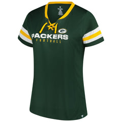 Women's Plus Size Rhinestone Redzone Athena Lace-Up Notch Neck T-Shirt - Green Bay Packers T-shirts