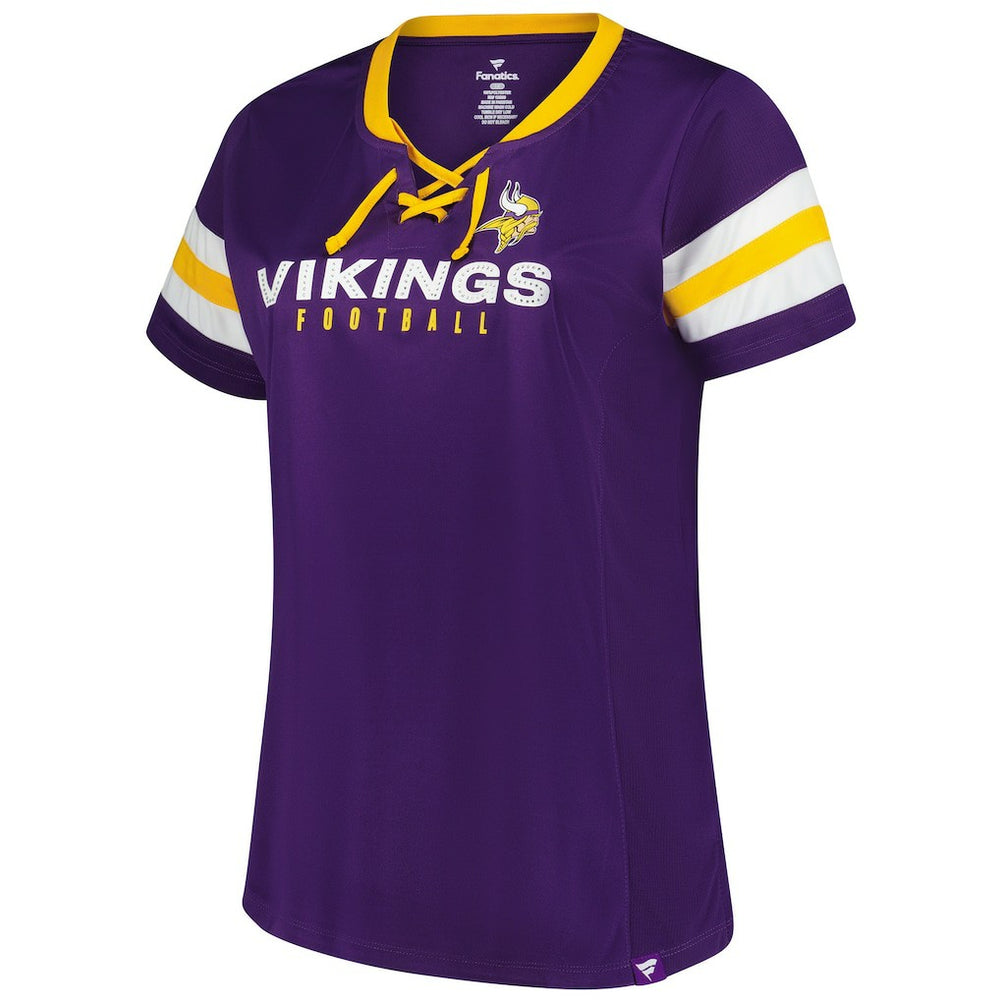 Women's Plus Size Rhinestone Redzone Athena Lace-Up Notch Neck T-Shirt - Minnesota Vikings T-shirts
