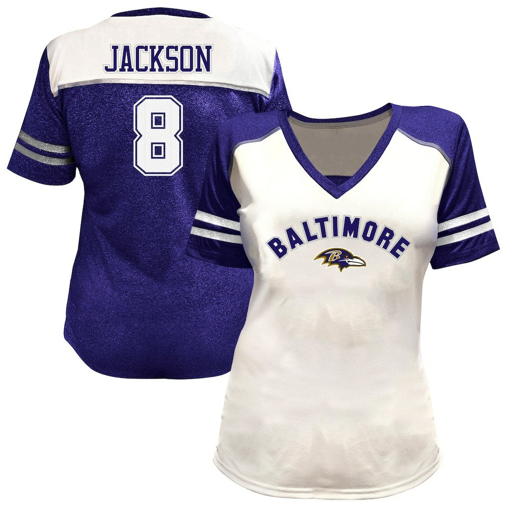 Lamar Jackson  Women's Plus Size Bling V-Neck T-Shirt - Baltimore Ravens T-shirts