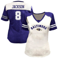 Lamar Jackson  Women's Plus Size Bling V-Neck T-Shirt - Baltimore Ravens T-shirts