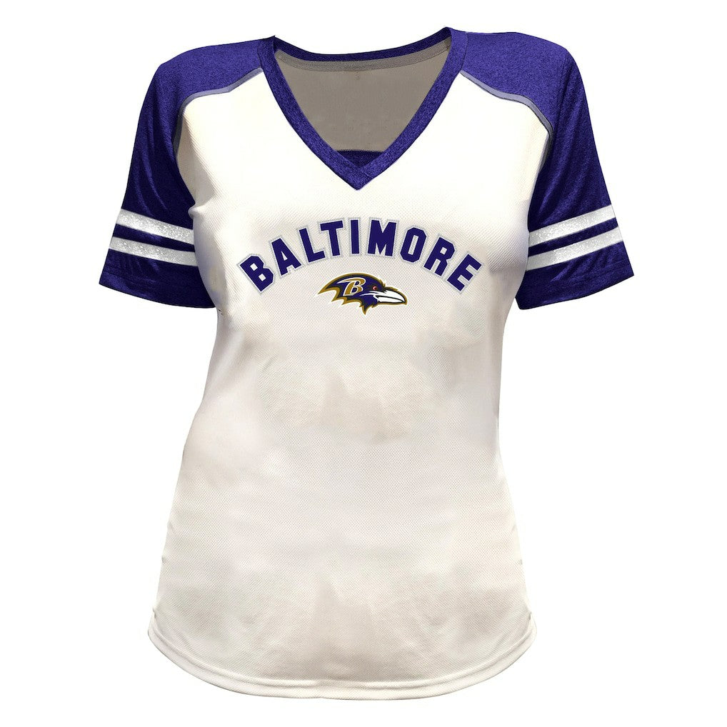 Lamar Jackson  Women's Plus Size Bling V-Neck T-Shirt - Baltimore Ravens T-shirts