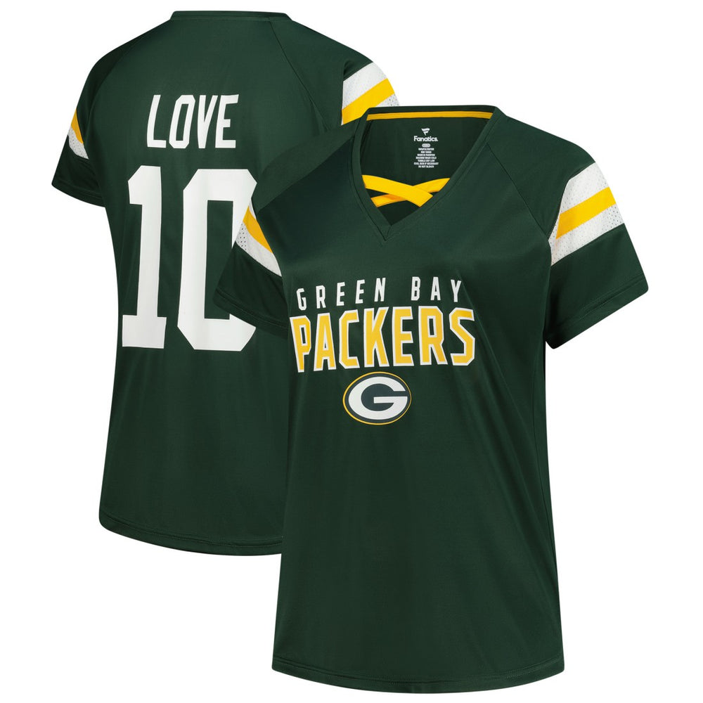 Jordan Love  Women's Plus Size Name & Number Raglan Lace V-Neck T-Shirt - Green Bay Packers T-shirts