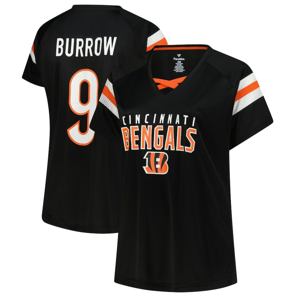 Joe Burrow  Women's Plus Size Name & Number Raglan Lace V-Neck T-Shirt - Cincinnati Bengals T-shirts