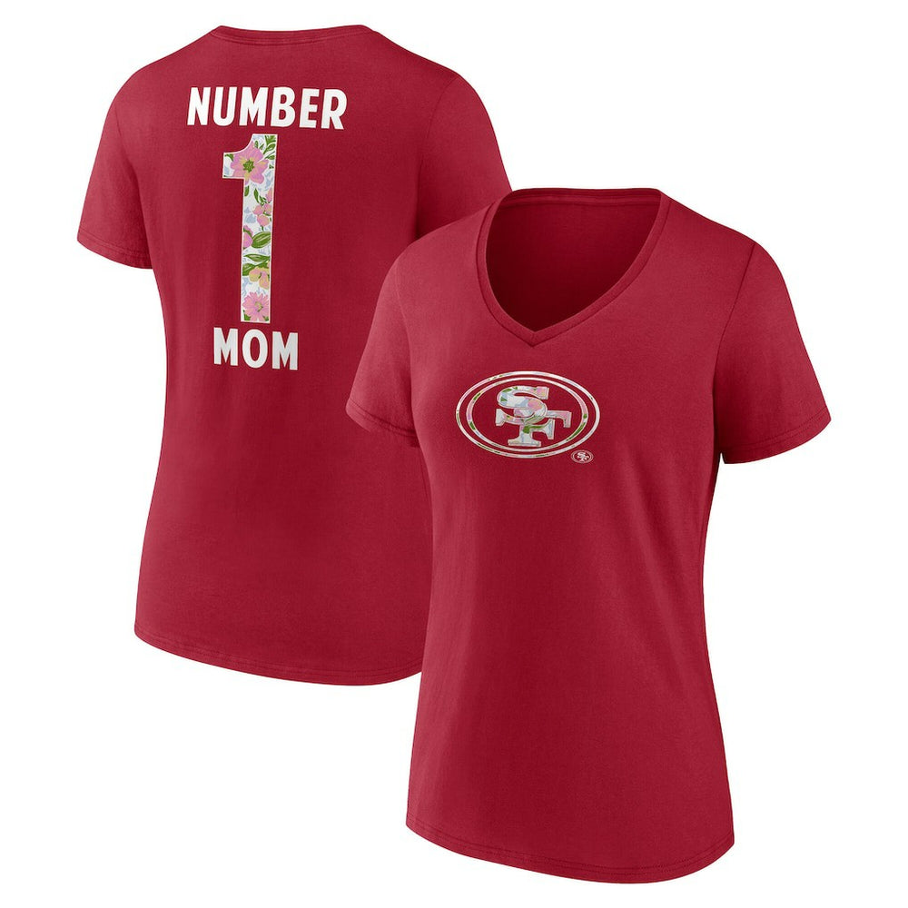 Women's Number 1 Mom Floral V-Neck T-Shirt - San Francisco 49ers T-shirts